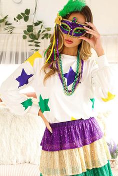 Get into the Mardi Gras spirit with this vibrant star printed long sleeve top 	 	 		Made from soft and comfortable fabric, this top is perfect for all-day wear 	 	 		The colorful star print adds a fun and playful touch to your Mardi Gras outfit 	 	 		The long sleeves provide warmth and coverage for cooler evenings while still looking stylish 	 	 		Women�s long sleeve tops Deals Tunnelping with jeans or leggings for a casual look 	   Size Chart (CM)Sizes Bust        Hem_Width        Shoulder        Sleeve_Length        Length        Relax        Relax        Relax        Relax        Relax        S        98        104        55        53        66        M        104        110        58        54        68        L        110        116        61        55        70        XL        118 Plus Size Outerwear, Long Sleeve Tops Casual, Swimsuits High Waisted, Plus Size Sweaters, Plus Size Swimwear, Print Pullover, Two Piece Dress, Piece Dress