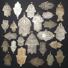 Vintage and antique silver hamsa pendants... and a fish? Hamsa Art, Fatima Hand, Judaica Art, Talisman Jewelry, Jewish Culture, Hamsa Pendant, Art Ancien, Jewish Art