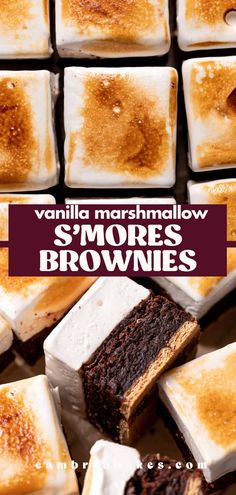 vanilla marshmallow s'mores brownies are stacked on top of each other