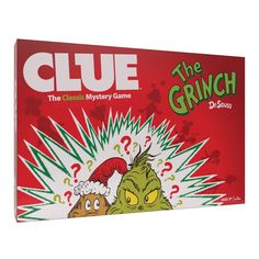 clue the grin board game is shown in front of a white background with red and green graphics