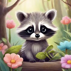 a painting of a raccoon sitting on a log in the middle of flowers