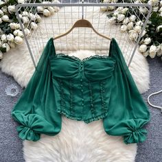 Elegant Green Off-Shoulder Vintage Corset Blouse Corset Blouse, Sleeve Women, Short Shirts, Sleeves (women), Elegant Outfit, Dress Patterns, High Waist Jeans, Off Shoulder Blouse