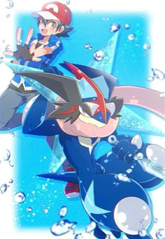 an anime character riding on the back of a blue car in front of water droplets