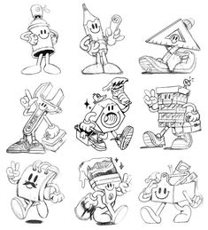 some cartoon characters are drawn in black and white