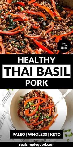 healthy thai basil pork with red bell peppers in a white bowl and on a black background