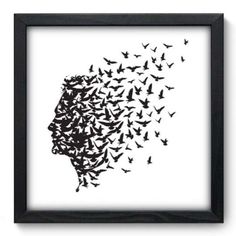 the silhouette of a person's head is surrounded by birds in black and white