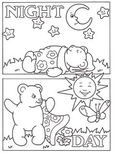 two coloring pages with the words night and day