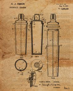 an old paper with some drawings on it and the words, best 25 cocktail shaker ideas