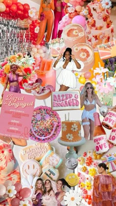 the collage is full of different types of cakes and desserts, including two women in swimsuits