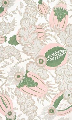 a pink and green wallpaper with flowers on it