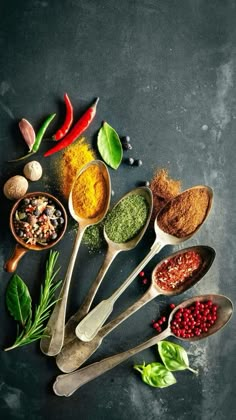 spoons filled with different types of spices