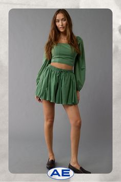 Drawstring waist/Pleated ruffle bottom/This skirt is Real Good: Made with the planet in mind & a promise to continue to do better. Green Bottoms With Ruffle Hem, Green Skirted Bottoms With Ruffle Hem, Spring Green Bottoms With Gathered Waist, Fitted Flared Skirt Bottoms With Gathered Waist, Green Ruffled Flared Skirt, Ruffle Mini Skirt, Do Better, Matching Sets, Drawstring Waist