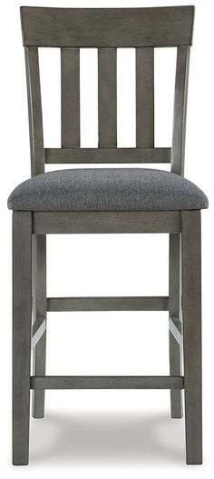 a gray wooden chair with grey upholstered seat and back cushion on an isolated white background