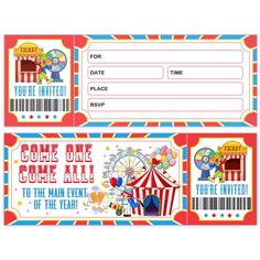 two ticket cards with carnival theme on them