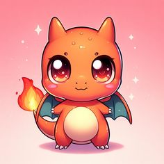 a cute little orange cat with big eyes holding a fire in its paws on a pink background