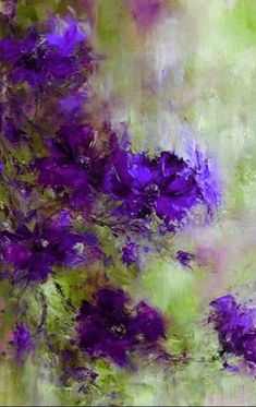 an abstract painting with purple flowers on it