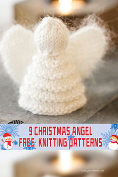 a knitted angel sitting on top of a table next to a lit candle with the words 9 christmas angel free knitting patterns