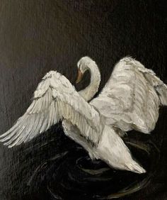 a painting of a white swan floating on top of the water with its wings spread out