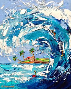 a painting of an ocean wave with palm trees