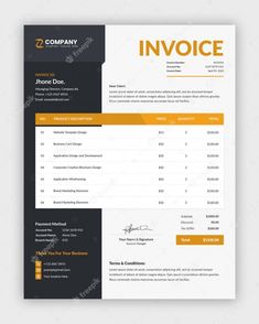 an invoice form with orange and black accents