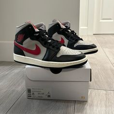 Women’s Air Jordan 1 Mid Color: Black, Red, Grey Size: 8 Comes With Original Box Only Worn Once Inside House To Try On, Never Outside Air Jordan 1 Mid College Grey, Grey Jordan 1 Mid, Air Jordan 1 Mid Vintage Grey, Cherrywood Red Cement Gray Jordan, Air Jordan Mid, Jordan 1 Mid Black/fire Red/white, Air Jordan 1s, Jordan Grey, Jordan 1s