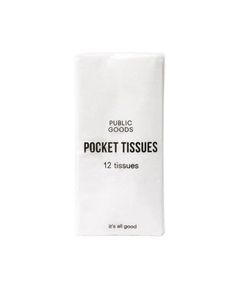 the pocket tissues are white and have black writing on it, which reads public goods