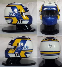 four different views of the same helmet on a black stand with white and yellow stripes