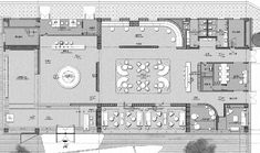 the floor plan for a restaurant with tables and chairs, an open air kitchen and dining area