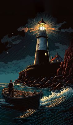 a painting of a man in a boat near a light house on the ocean at night