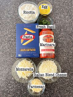 the ingredients to make pasta are shown in small bowls and labeled on each side, including parmesan cheese, fresh basil, mozzarella, italian bird cheese, parmesan