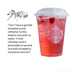 a starbucks drink with strawberries and ice on the side, in front of a white background