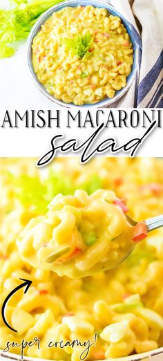 two pictures showing different types of macaroni and cheese with the words, amish macroon salad