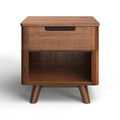 the side table is made from wood and has an open drawer