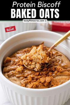 a white bowl filled with baked oats on top of a table