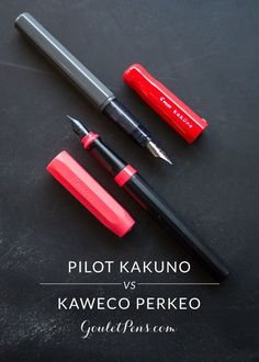 two pens, one red and the other black are sitting next to each other