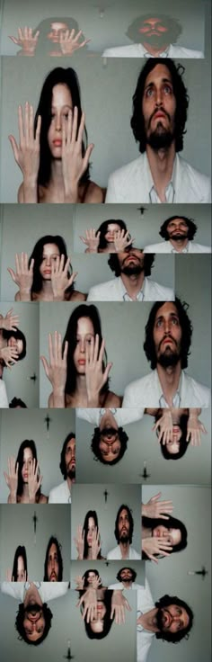 many different pictures of a man with his hands in front of him and the woman's face