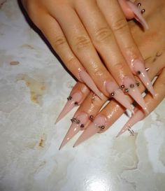 Stellitoes Nails Simple, Chains On Nails, Stiletto Junk Nails, Pierced Nails Acrylic, Sharp Nails Ideas, Spooky Nails Long, Bedazzled French Tip Nails, Opiumcore Nails, Nails With Piercing