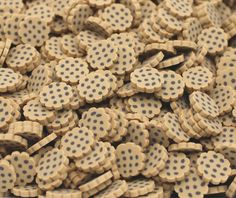 a pile of brown and white polka dot wooden buttons with black dots on the top