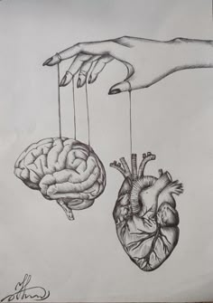 a drawing of two human heart and brain being suspended by strings with hands above them