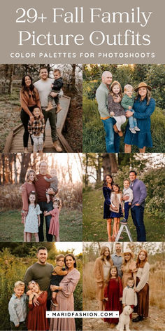 the family is posing for pictures in their photoshopped photo collage with text overlay that reads, 20 fall family picture outfits color palettes for photos