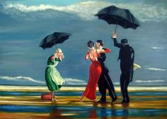 a painting of three people holding umbrellas on the beach, one woman in red dress and another man in black suit