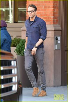 Navy Double Pocket Shirt over Navy Henley, Charcoal Chinos, Brown Suede Boots and Black Casual Glasses Ryan Reynolds Fashion, Grey Chinos Men, Chinos Men, Double Pocket Shirt, Monkey Boots, Older Mens Fashion, Smart Casual Menswear