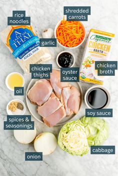 ingredients to make chicken broth laid out on a marble counter top with text describing the ingredients