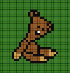 a pixellated image of a teddy bear sitting on the ground with its paws crossed