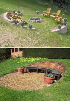 two pictures of a fire pit in the middle of a yard with chairs around it