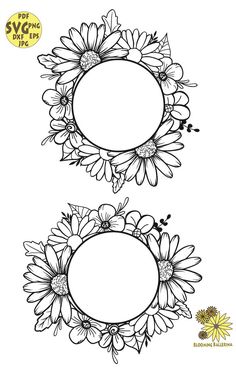 two circular frames with daisies on the bottom and one in the middle, both black and white