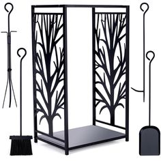 an artistically designed black and white room divider with two brooms next to it