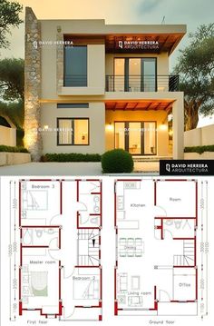 two story house plan with three floors and an open floor plan for the first level