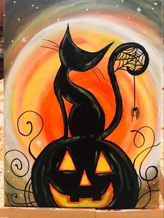 a painting of a black cat sitting on top of a jack - o'- lantern