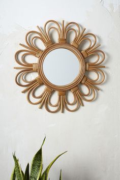 a mirror on the wall next to a potted plant